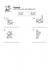 English worksheet: adjectives: fast, slow, quiet, loud