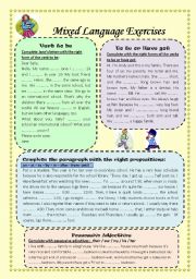 English Worksheet: Mixed Language Exercises (2 pages) with Key