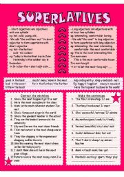 English Worksheet: SUPERLATIVES WITH SHORT ADJECTIVES AND LONG ADJECTIVES ( FULLY EDITABLE- CLEAR GRAMMAR GUIDE WITH USEFUL EXERCICES)