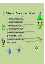 English Worksheet: Silence Scavenger Hunt