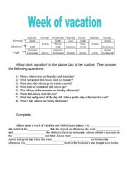 English worksheet: Week of vacation