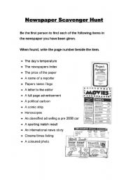 English Worksheet: Newspaper Scavenger Hunt