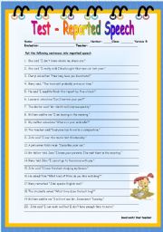 English Worksheet: Test - Reported Speech - version B