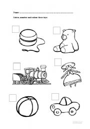 English Worksheet: Listen, number and colour these toys.