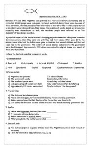 English Worksheet: Argentina Dirty War 1976 - 1983 