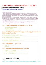 English Worksheet: ENGLISH TEST:BIRTHDAY  PARTY