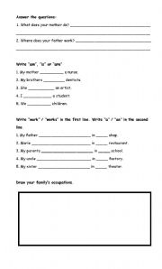 English worksheet: OCCUPATIONS. VERB TO BE. A/AN