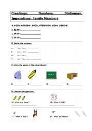 English Worksheet: Family Members, Classroom Objects, Imperatives