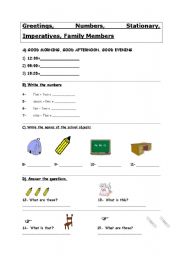 English worksheet: Family Members, Classroom Objects, Imperatives