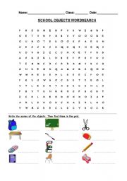 English worksheet: school objects wordsearch + key