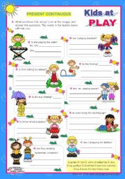 English Worksheet: Kids at play - Present Continuous - Yes/No Questions (5) - every day actions