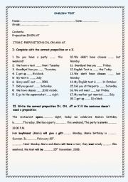 English Worksheet: test about prepositions in, on and at