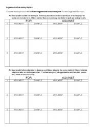 English Worksheet: Argumentative essay topics and argument tables