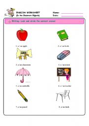 English Worksheet: in the classroom- learn to use a and an