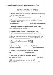 English Worksheet: tTRANSFORMATIONAL SENTENCES LINKING WORDS
