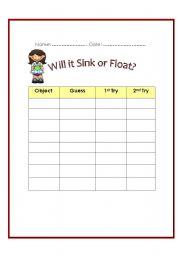 English worksheet: Will it Sink or Float? (Part 1)