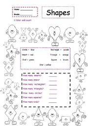 English Worksheet: Color and Count the Shapes