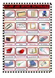 English Worksheet: CLASS AND OFFICE MATERIAL PICTIONARY