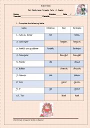 English worksheet: Past Simple of Irregular verbs + 1 Regular verb