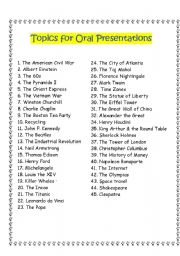 English Worksheet: Topics for Oral Presentations