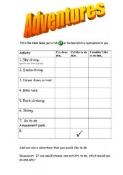 English worksheet: Adventures