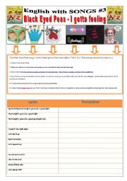 English Worksheet: ENGLISH WITH SONGS #3# - (11 pages) - BLACK EYED PEAS - I GOTTA FEELING with 10 activities Phrasal Verbs + 1 extra game/Competition