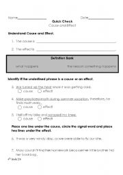 English Worksheet: Cause and Effect Assessment