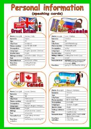 English Worksheet: SPEAKING CARDS. PERSONAL INFORMATION 1/3 (8 cards + quiz)