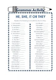 English Worksheet: Exercise with he, she, it or they