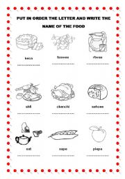 English Worksheet: Put in order the letter and write the name of the food