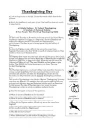 English Worksheet: Thanksgiving Reading