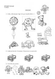 English worksheet: Revision: toys, adjectives, prepositions, etc..