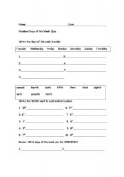 English worksheet: Numbers and Days of the Week Quiz