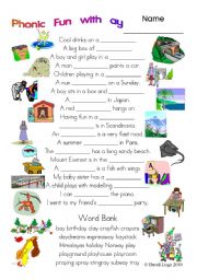 English Worksheet: 3 pages of Phonic Fun with ay: worksheet, story and key (#18)