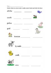 English worksheet: animal words scramble