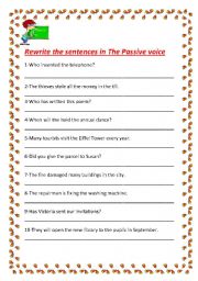 English Worksheet: rewrite in the passive voice