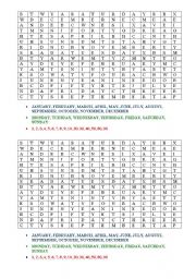 English Worksheet: Months, days and numbers wordsearch