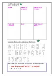 English worksheet: School Objects, Numbers, The Alphabet