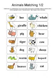 English Worksheet: Animals Matching - Memory - Pair Finding Part 1/2 (by blunderbuster)