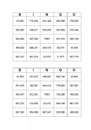English Worksheet: Big Number Bingo - 18 Cards - Set A (With Call List)