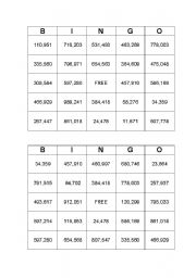 English Worksheet: Big Number Bingo - 18 Cards - Set A (With Call List)