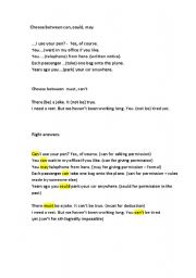 English worksheet: exercise on main modals uses (can, could, may, must cant)