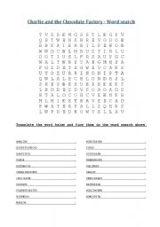 English worksheet: Wordsearch to Charlie and the Chocolate Factory - chapter 15