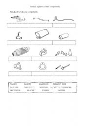 English worksheet: exhaust system components