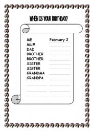 English worksheet: FAMILY BIRTHDAY CALENDAR