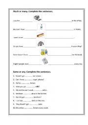English Worksheet: Much and many, some and any