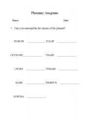 English worksheet: planets anagram