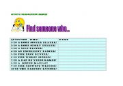 English Worksheet: Find someone who?