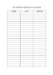 English Worksheet: My friends birthday calendar