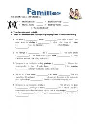 English worksheet: reading comprehension on families